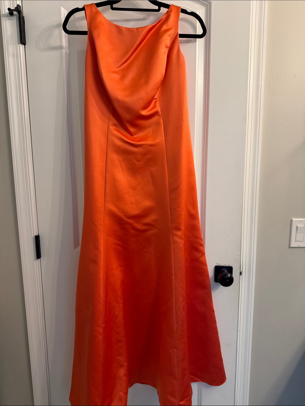 David's Bridal Vibrant Coral Satin Maxi Gown